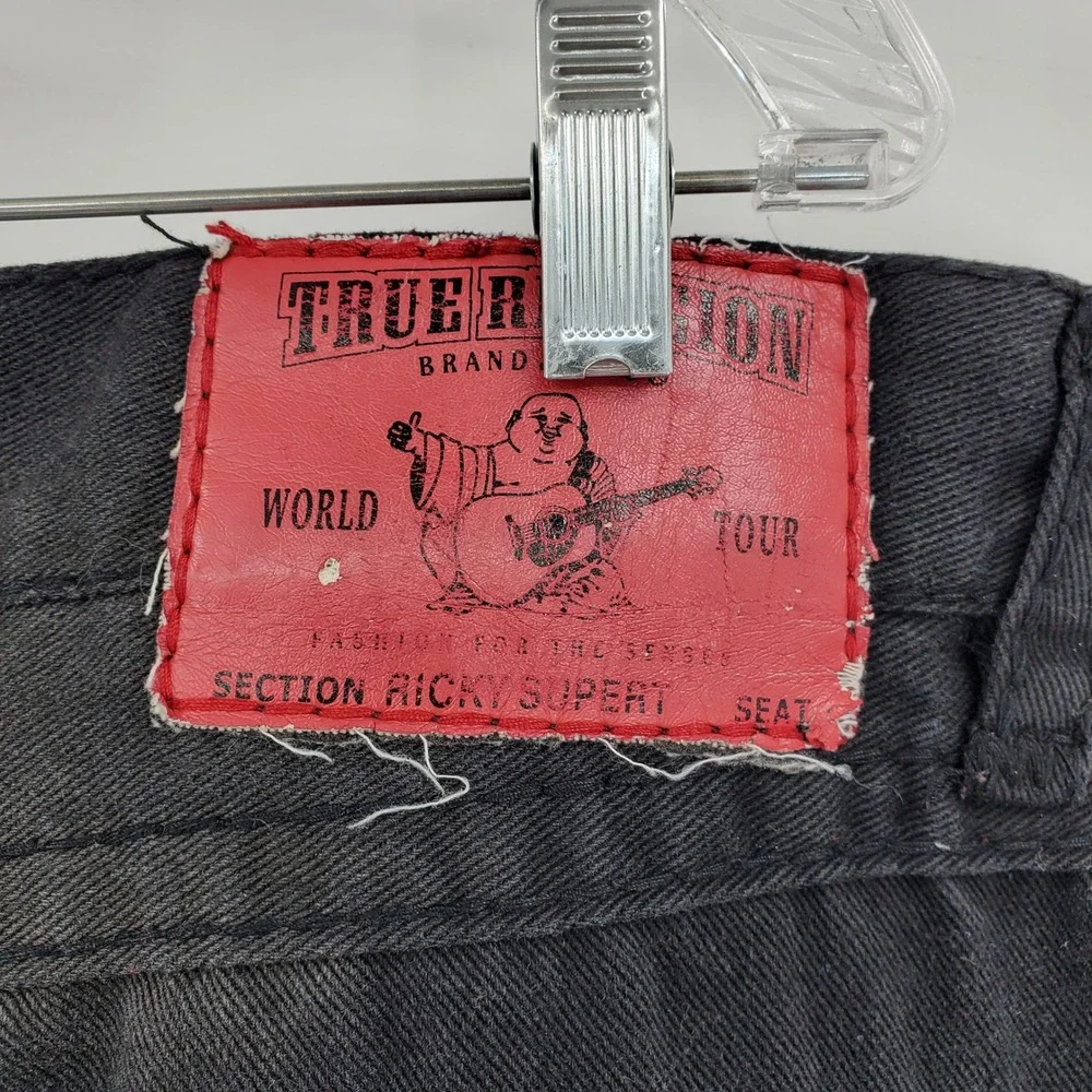 True Religion Ricky Super T Mens 42 Black Jeans Red Contrast Stitch‎ Made in USA